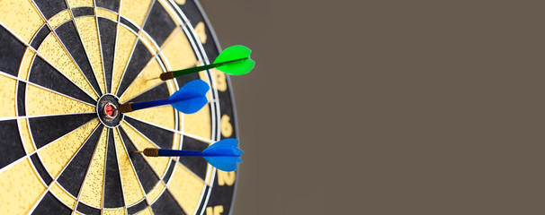 Dart board competition. Hitting target aim, goal achievement blue green stings. Retro design sport...