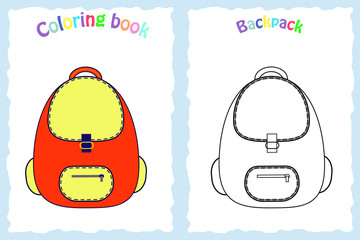 Coloring book page for preschool children with colorful backpack