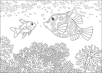 A funny boxfish and an x-ray fish swimming over an amazing coral reef in a tropical sea, a black and white vector illustration in cartoon style for a coloring book