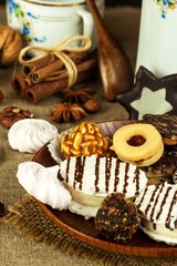Home cookies on a dining table. Unhealthy sweet food. Dangers of obesity and diabetes.