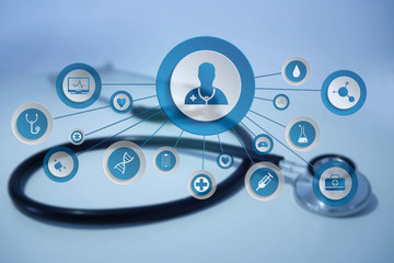Fototapeta premium Medecine and general healthcare icon displayed on a technology medical interace interface