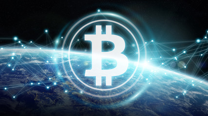 Bitcoins exchanges on planet Earth 3D rendering