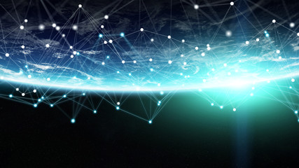 Connections system and datas exchanges on planet Earth 3D rendering