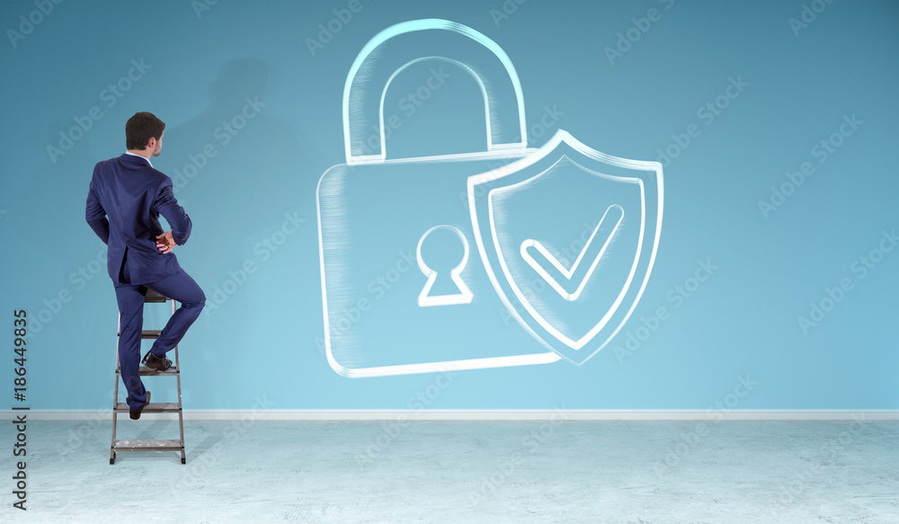 Aufkleber businessman watching internet security interface sketch on a wall 3d rendering