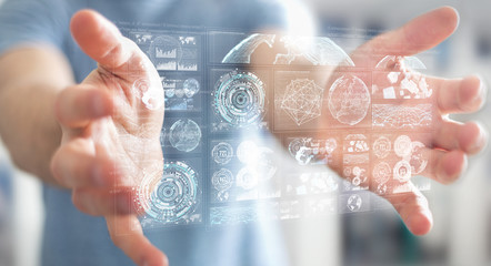 Businessman using digital screens with holograms datas 3D rendering