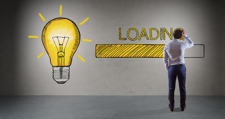 Businessman watching loading sketch on a wall 3D rendering