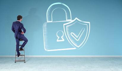 Businessman watching internet security interface sketch on a wall 3D rendering