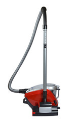 New modern red-silver vacuum cleaner on white background