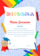 Child diploma with numbers, scrolls, pencils, notebooks and pen