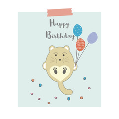 Cute little animal with ballons and text Happy Birthday.