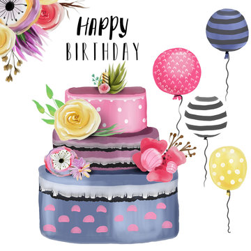 Beautiful watercolor Happy Birthday design element set, collection. Elegance cake with floral decoration, balloons, lettering and flowers