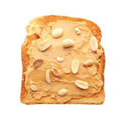Tasty toast with peanut butter on white background