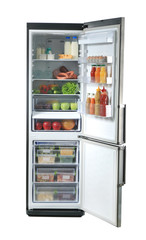 Open refrigerator full of food on white background © Africa Studio
