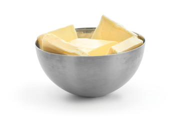 Bowl with tasty fresh butter on white background