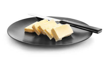 Plate with tasty fresh butter on white background