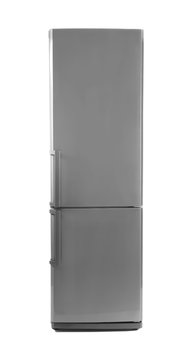 Modern refrigerator on white background