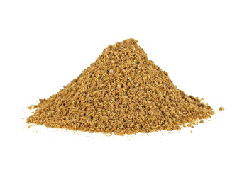 Heap of raw organic coriander powder on a white background