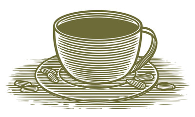 Woodcut illustration of an coffee cup.