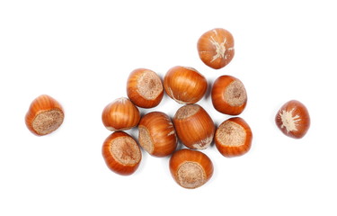 Hazelnuts isolated on white background, top view
