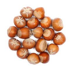 Hazelnuts isolated on white background, top view