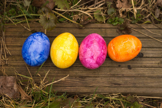 easter eggs waiting to be found on a wooden plank. Eggs have been hidden to be found by children during their easter egg hunt. Spring picture.