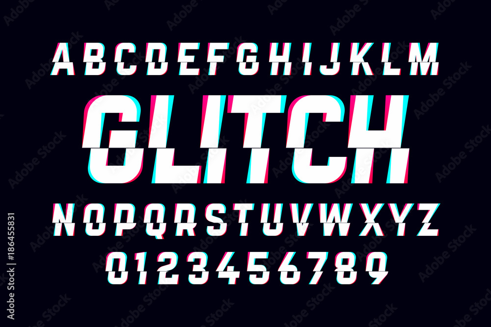 Poster trendy style distorted glitch typeface. letters and numbers