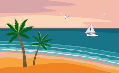 Fototapeta na wymiar Seascape with beach, sea and seagulls in the sunset