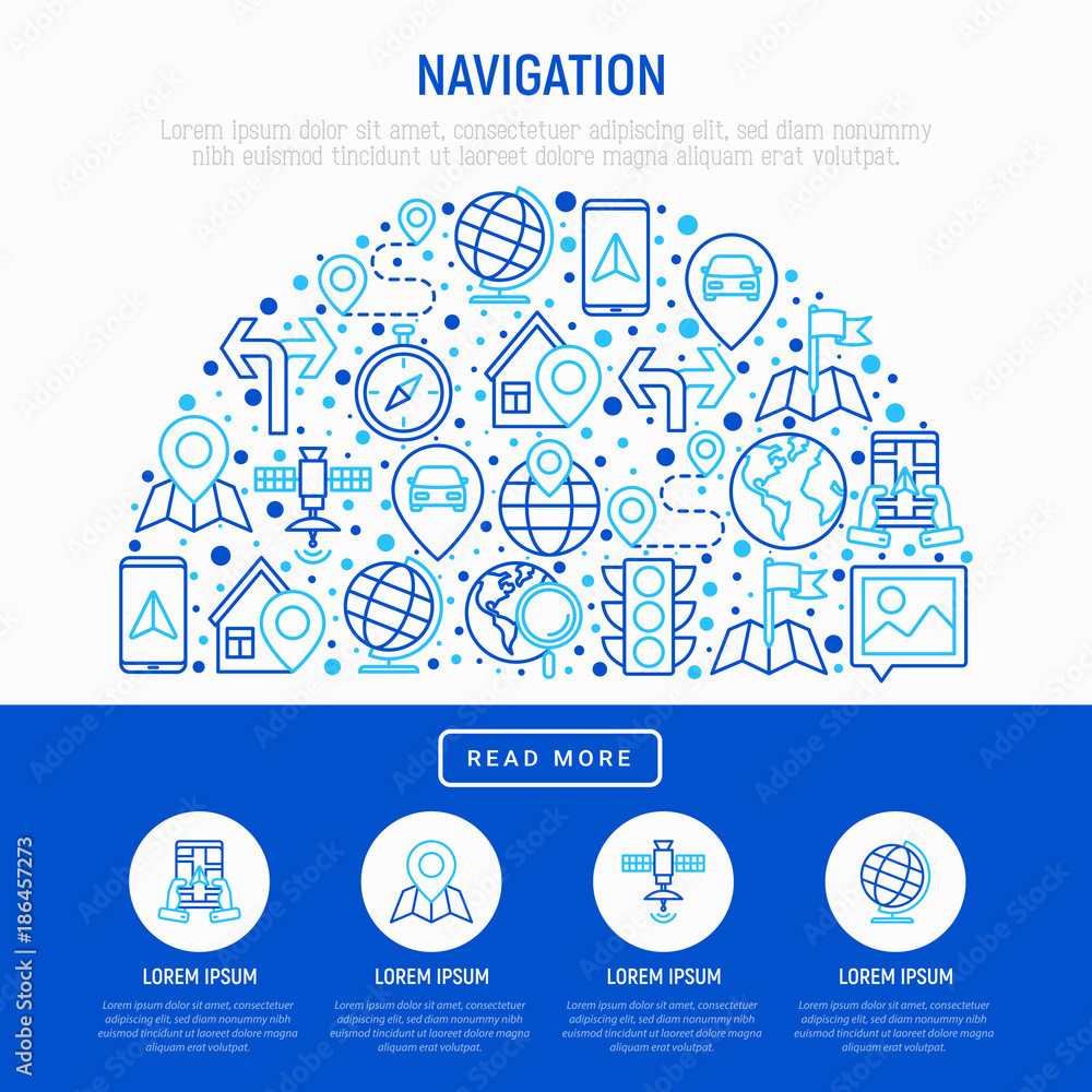 Aufkleber navigation and direction concept in half circle with thin line icons set: pointer, compass, navigato