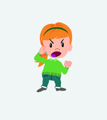 White girl with sweater argues something with a gesture of discontent.