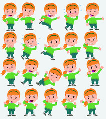 Cartoon character white girl with sweater. Set with different postures, attitudes and poses, doing different activities in isolated vector illustrations.