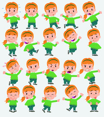 Cartoon character white girl with sweater. Set with different postures, attitudes and poses, doing different activities in isolated vector illustrations.
