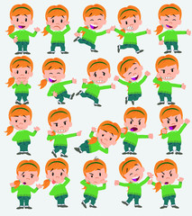 Cartoon character white girl with sweater. Set with different postures, attitudes and poses, doing different activities in isolated vector illustrations.