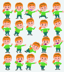 Cartoon character white girl with sweater. Set with different postures, attitudes and poses, doing different activities in isolated vector illustrations.