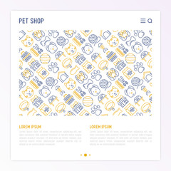 Pet shop concept with thin line icons: cat, dog, collar, kennel, grooming, food, toys. Modern vector illustration, web page template.