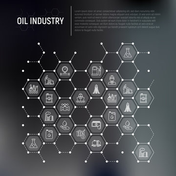 Oil industry concept in honeycombs with thin line icons: gas, petroleum, diesel,  truck, tanker, ship, refinery, barrel. Modern vector illustration, web page template.
