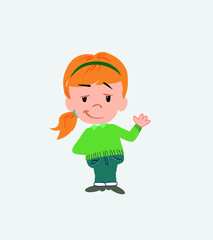 White girl with sweater waving with a dreamy expression.