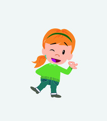 White girl with sweater doing the OK sign with his hand.