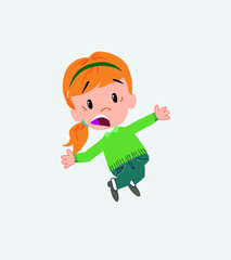 White girl with sweater jumping terrified.