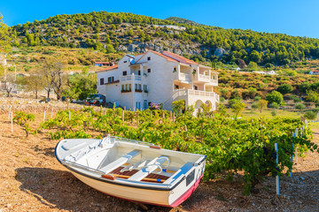 Fototapeta na wymiar Small fishing boat in vineyards of Bol town, Brac island, Croatia