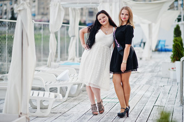 Two girls posed at hen party on the pier of beach.