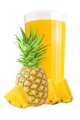 Fototapeta na wymiar One glass with fresh pineapple juice on white