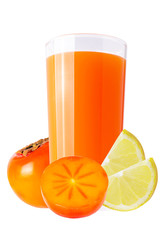 One glass with persimmon juice and cut fruits isolated on white