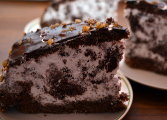 beautiful chocolate delicious piece of cake with cream on holiday
