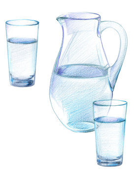 An image of a glass jug and two glasses of drinking water. Drawing with colored pencils