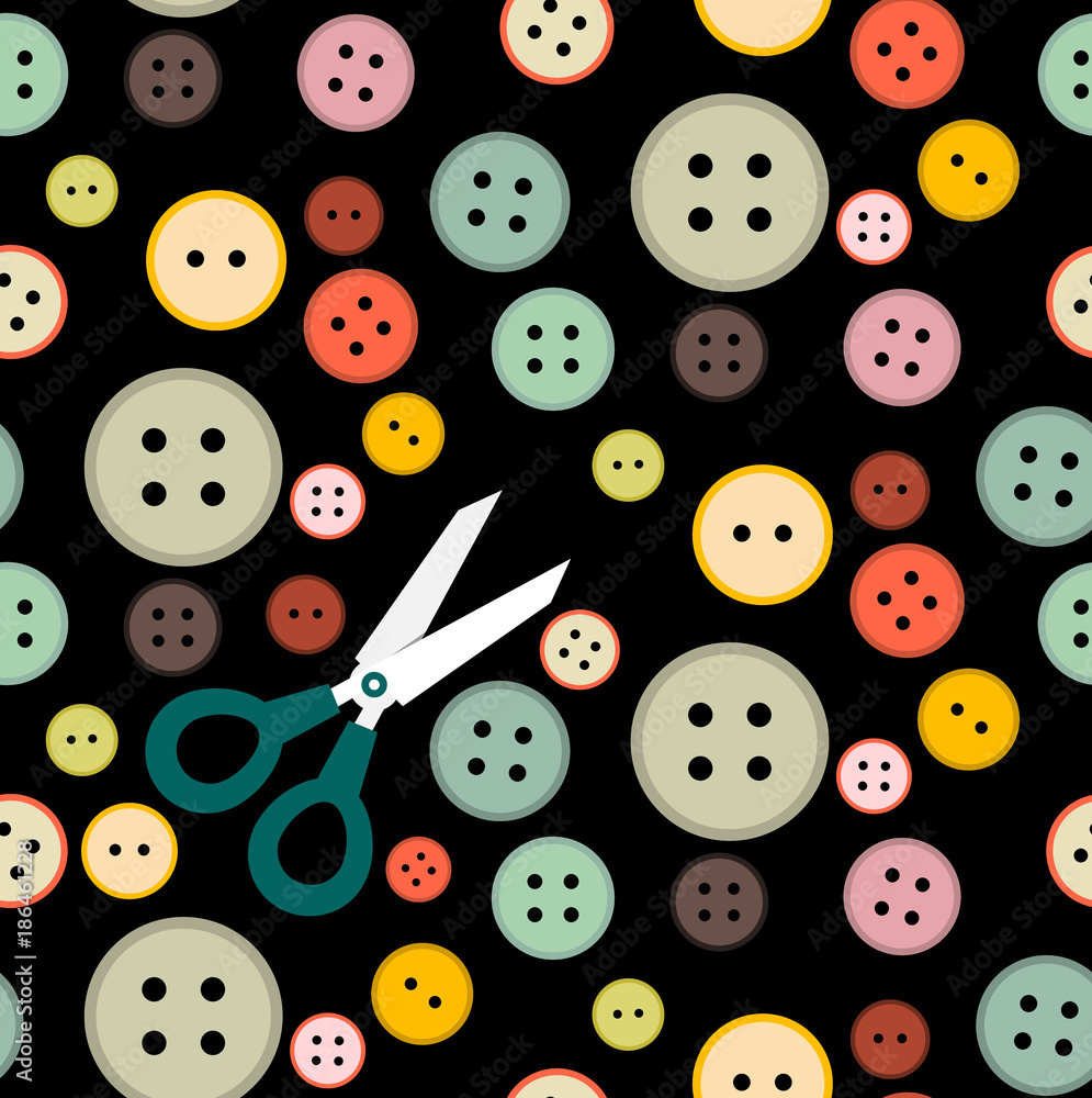 Poster buttons. flat design seamless pattern with knobs and scissors.