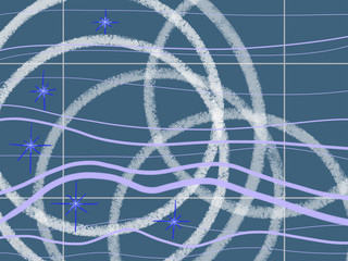 Colorful hand drawn abstract curves and lines on the blue striped texture background, isolated illustration of winter curvy decor and snowflakes painted by paper pencil chalk, high quality