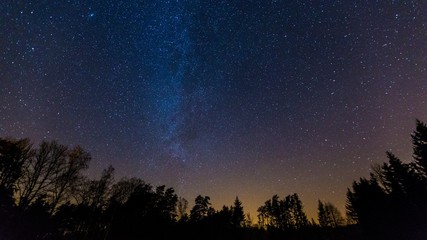 Starry night sky with Milky way over forest. Natural night landscape.