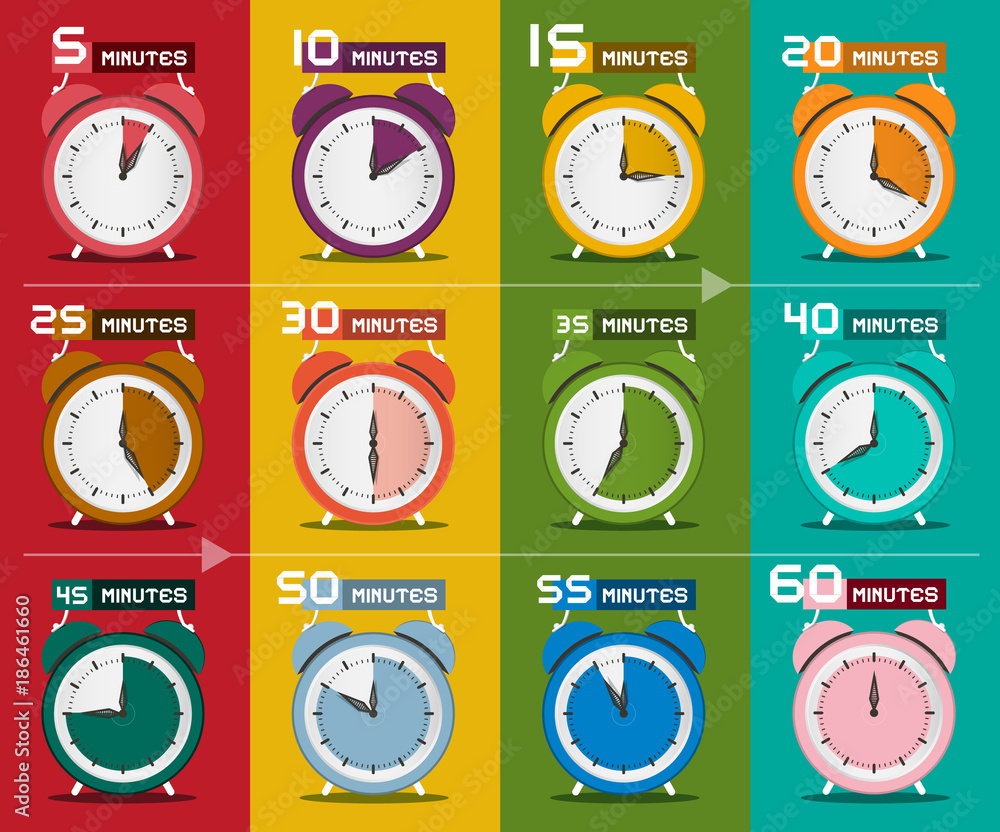 Poster clock set. five to sixty minutes alarm clock icons. vector.