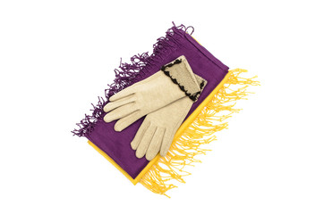 Female gloves and tippet scarf isolated on white background. Warm clothes.