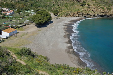 Pebble beach of the Mediterranean sea in Spain, Costa Brava, Cala Joncols between Roses and Cadaques, Alt Emporda, Cap de Creus, Catalonia